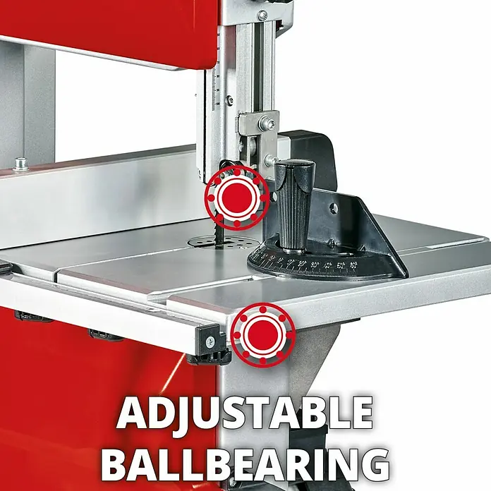 Einhell Sierra de cinta TC-SB 245 L - 400 W, Número de revoluciones de marcha en vacío: 1.450 r.p.m., Longitud de cinta de sierra: 1.712 mm - Imagen de una sierra de cinta Einhell con cojinete de bolas ajustable para cortes precisos y alta estabilidad.