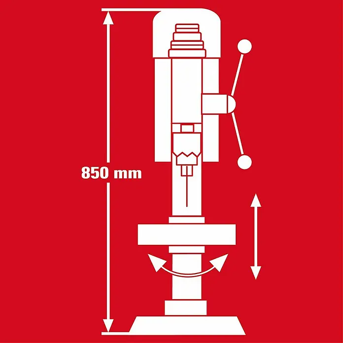 Einhell Tischbohrmaschine TC-BD 630/1 - 630 W, Leerlaufdrehzahl: 250 U/min - 2.400 U/min, Spannweite Bohrfutter: 1,5 mm - 16 mm - Abbildung einer Standbohrmaschine mit den Maßen 850 mm für detaillierte Produktinformationen.