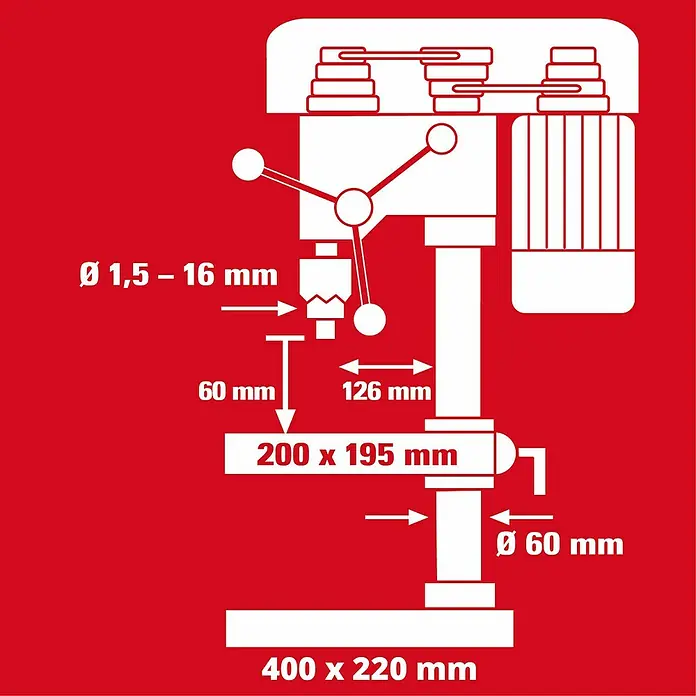 Einhell Tischbohrmaschine TC-BD 630/1 - 630 W, Leerlaufdrehzahl: 250 U/min - 2.400 U/min, Spannweite Bohrfutter: 1,5 mm - 16 mm - Abbildung einer Standbohrmaschine mit den Maßangaben für Durchmesser, Höhe und Fläche der Maschine.