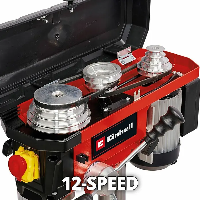 Einhell Tischbohrmaschine TC-BD 630/1 - 630 W, Leerlaufdrehzahl: 250 U/min - 2.400 U/min, Spannweite Bohrfutter: 1,5 mm - 16 mm - Detailansicht einer Einhell Tischbohrmaschine mit 12 Geschwindigkeiten, die präzises Bohren in verschiedenen Materialien ermöglicht.\n