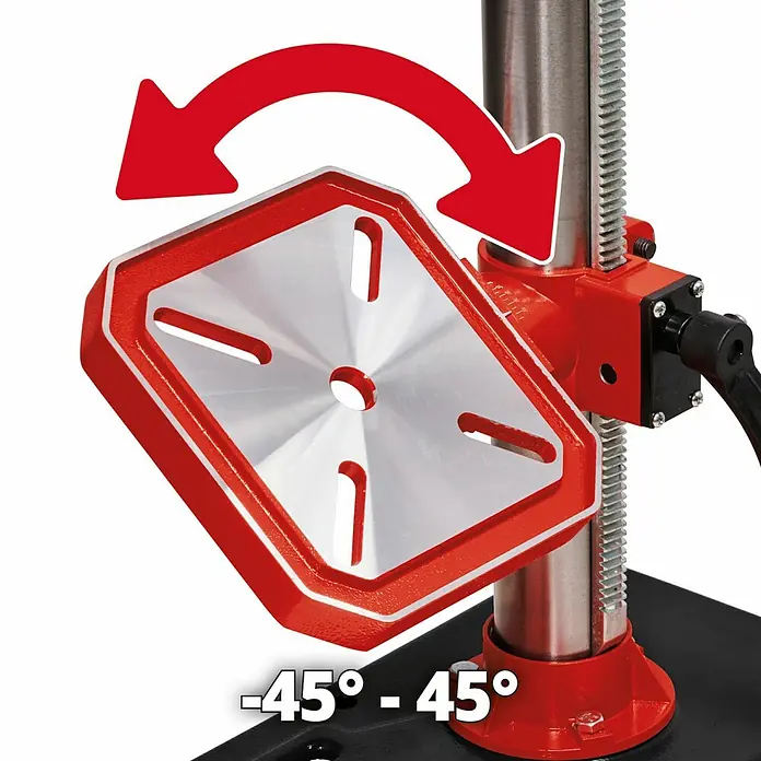 Einhell Tischbohrmaschine TC-BD 630/1 - 630 W, Leerlaufdrehzahl: 250 U/min - 2.400 U/min, Spannweite Bohrfutter: 1,5 mm - 16 mm - Drehbare Werkstückauflage einer Bohrmaschine. Die Platte ist um bis zu 45 Grad neigbar für präzise Bohrungen.