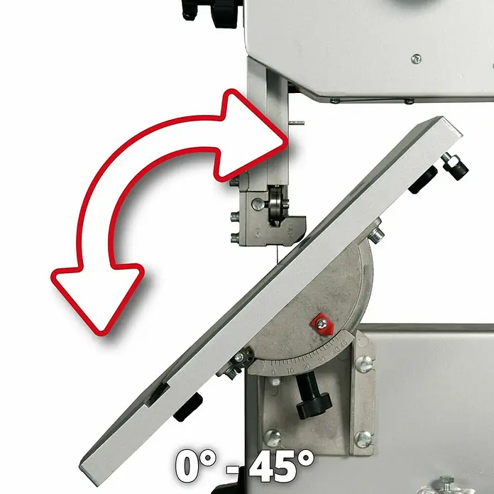 Einhell Sierra de cinta TC-SB 245 L - 400 W, Número de revoluciones de marcha en vacío: 1.450 r.p.m., Longitud de cinta de sierra: 1.712 mm - La imagen muestra una sierra de cinta con la mesa inclinada en un ángulo de 0°-45°, indicado por una flecha roja.