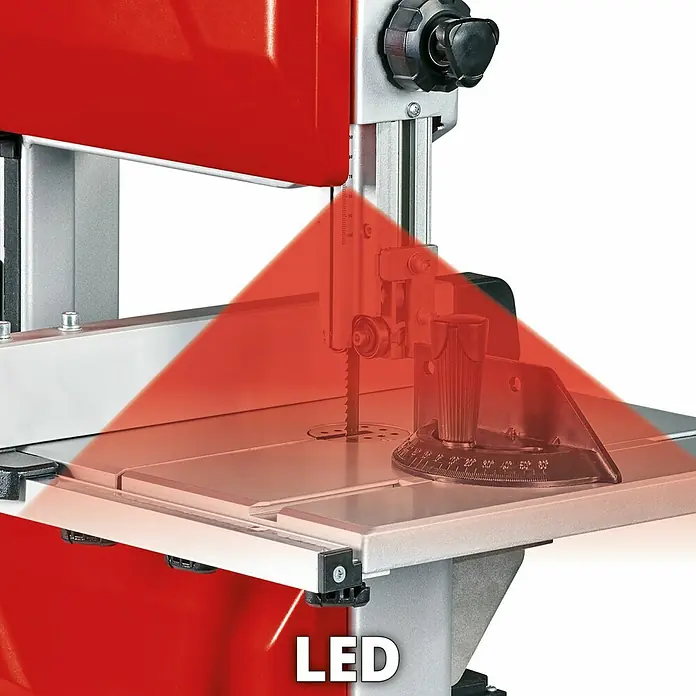 Einhell Sierra de cinta TC-SB 245 L - 400 W, Número de revoluciones de marcha en vacío: 1.450 r.p.m., Longitud de cinta de sierra: 1.712 mm - Imagen de una sierra de cinta con iluminación LED que asegura cortes precisos. Perfecta para aficionados al bricolaje y profesionales.
