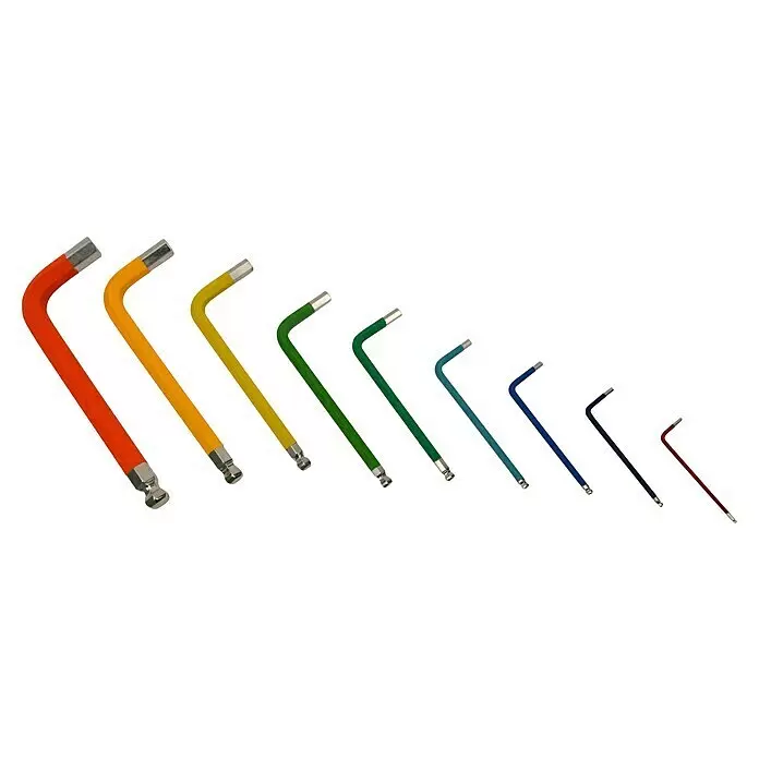 Stiftschlüsselsatz 70273 - 9 -tlg., Schlüsselweite: 1,5 mm - 10 mm - Neun farbige L-förmige Inbusschlüssel mit gummierten Griffen und Metallspitzen, nach Größe geordnet.