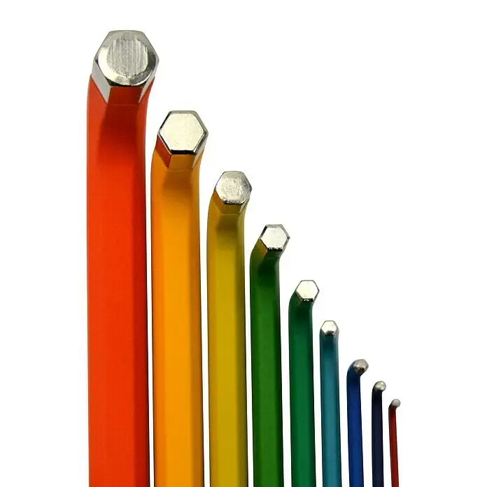 Stiftschlüsselsatz 70273 - 9 -tlg., Schlüsselweite: 1,5 mm - 10 mm - Ein Satz regenbogenfarbener Inbusschlüssel in verschiedenen Größen, mit metallischen Sechskantspitzen.