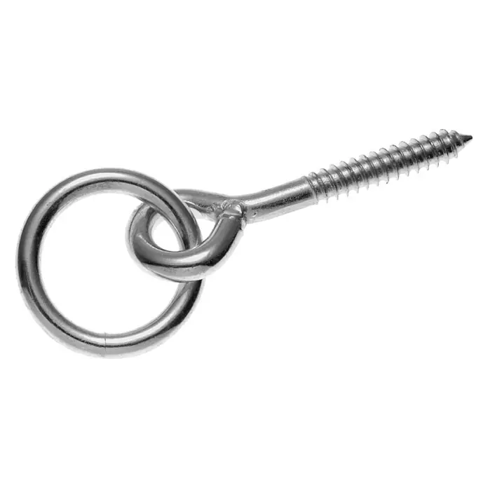 Stabilit ÖsenschraubeHolzgewinde, Geeignet für: Seildurchmesser 45 mm - Ein silberner Ringschraube, ideal zum Aufhängen von Gegenständen oder zur Befestigung in Holz, mit einem scharfen Gewindeende.
