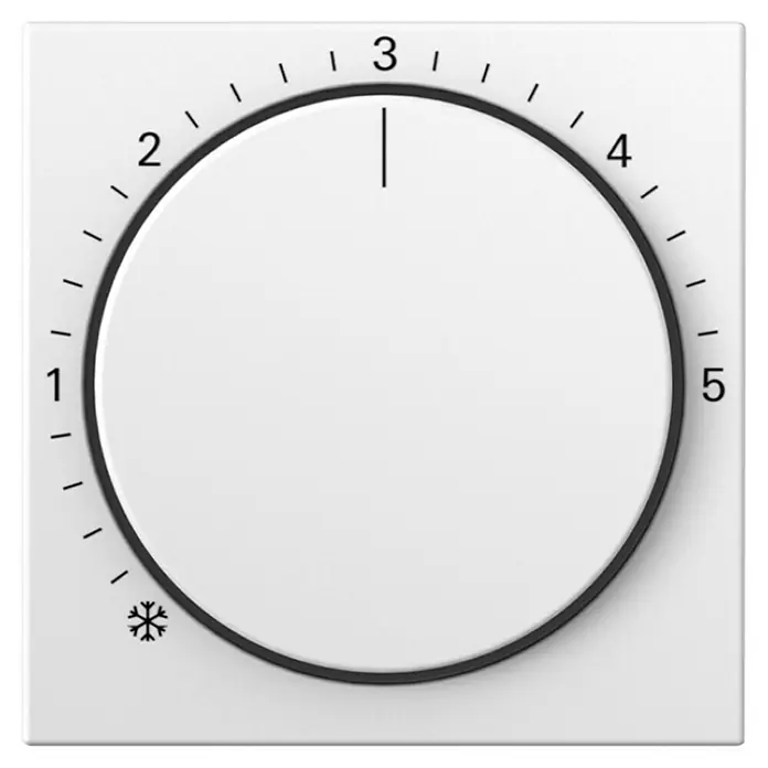 Gira System 55 Thermostat-Abdeckung 270627 - Reinweiß seidenmatt, Kunststoff - Nahaufnahme eines runden weißen Temperaturreglers mit schwarzer Umrandung und Skala von Schneeflocke bis 5.