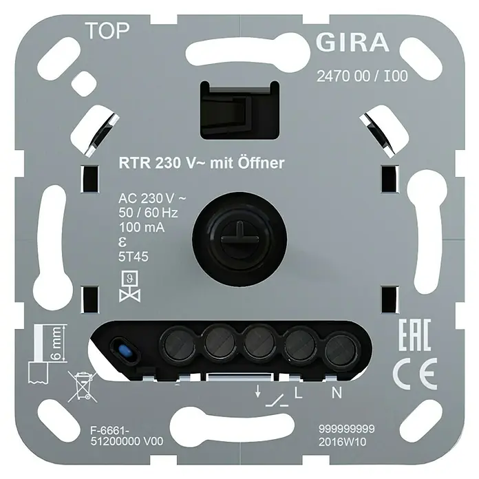 Gira Raumthermostat 247000 mit Öffner - Silber, Unterputzmontage, 50 Hz - 60 Hz - Bild einer GIRA RTR 230 V~ mit Öffner-Schalterplatte, die elektrische Spezifikationen, Modellnummern und Zertifizierungen zeigt.
