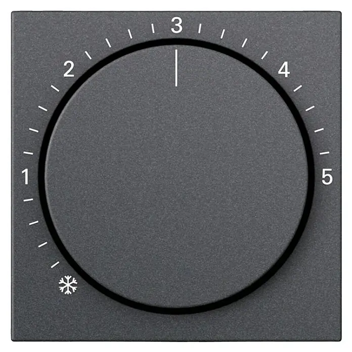 Gira System 55 Thermostat-Abdeckung 270628 - Anthrazit, Kunststoff - Bild einer grauen Thermostatsteuerung mit Nummern von 1 bis 5 und einem Schneeflockensymbol, die auf 3 eingestellt ist.