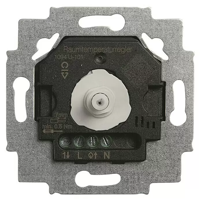 Busch-Jaeger Raumthermostat 1094U-101 On/Off mit Nachtabsenkung - Unterputzmontage, 50 Hz - 60 Hz - Raumtemperaturregler mit grauem Metallrahmen, schwarzem Gehäuse, weißem Einstellknopf und Schraubklemmen.