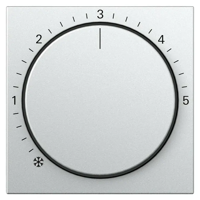 Gira System 55 Thermostat-Abdeckung 270626 - Alu, Kunststoff - Nahaufnahme eines Drehreglers für die Temperaturregelung mit den Stufen von Schneeflocke bis 5, aktuell auf Stufe 3 eingestellt.