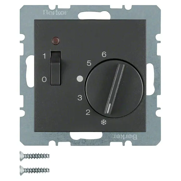 Berker Raumthermostat 20301606 - 250 V, Anthrazit - Nahaufnahme eines Berker Raumtemperaturreglers mit Drehknopf und Schiebeschalter, inklusive Befestigungsschrauben.