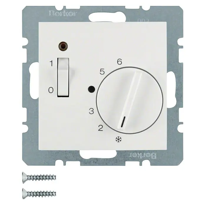 Berker Raumthermostat 20308989 - 250 V, Polarweiß glänzend - Nahaufnahme eines Berker-Raumthermostats mit Drehknopf zur Temperatureinstellung und einem Schalter, inklusive Befestigungsschrauben.