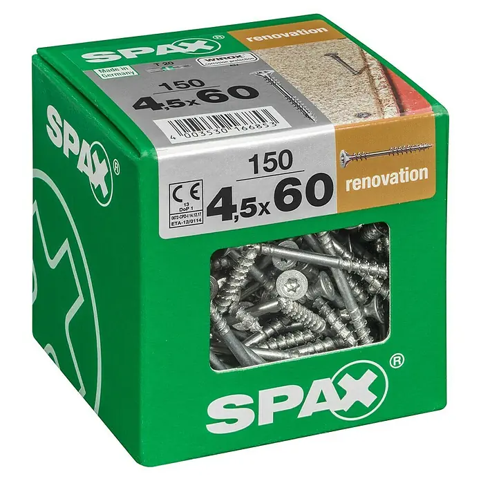 Spax Verlegeschraube T-Star PlusØ x L: 4,5 x 60 mm, WIROX Oberfläche, 150 Stk., Fixiergewinde - Karton Spax Renovierungsschrauben 4,5x60 mm, 150 Stück, Made in Germany, mit Wirox Korrosionsschutz und CE-Kennzeichnung. Ideal für Renovierungsarbeiten.