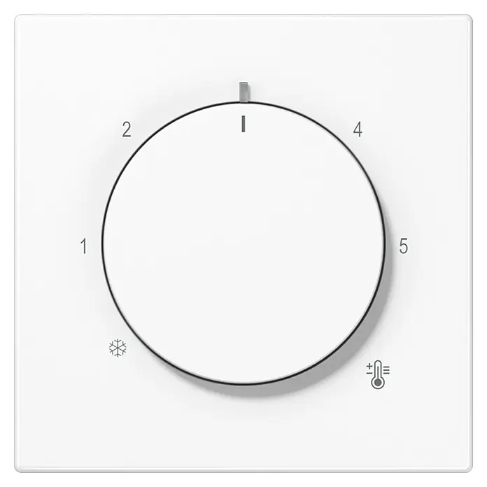Jung LS 990 Thermostat-Abdeckung LS1749BFWW - Alpinweiß glänzend, Glänzend, Kunststoff, Unterputzmontage - Bild einer weißen Temperaturregler-Einheit mit einer Skala von 1 bis 5 und Symbolen für kalt und warm.