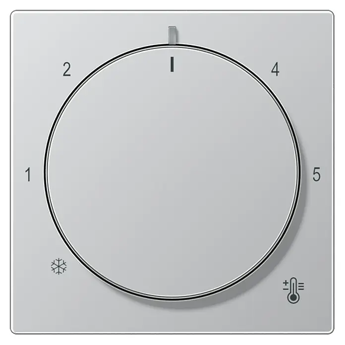 Jung A Thermostat-Abdeckung A1749BFAL - Aluminium matt, Matt, Kunststoff, Unterputzmontage - Nahaufnahme eines weißen Temperaturreglers mit Zahlen und Symbolen für verschiedene Einstellungen.