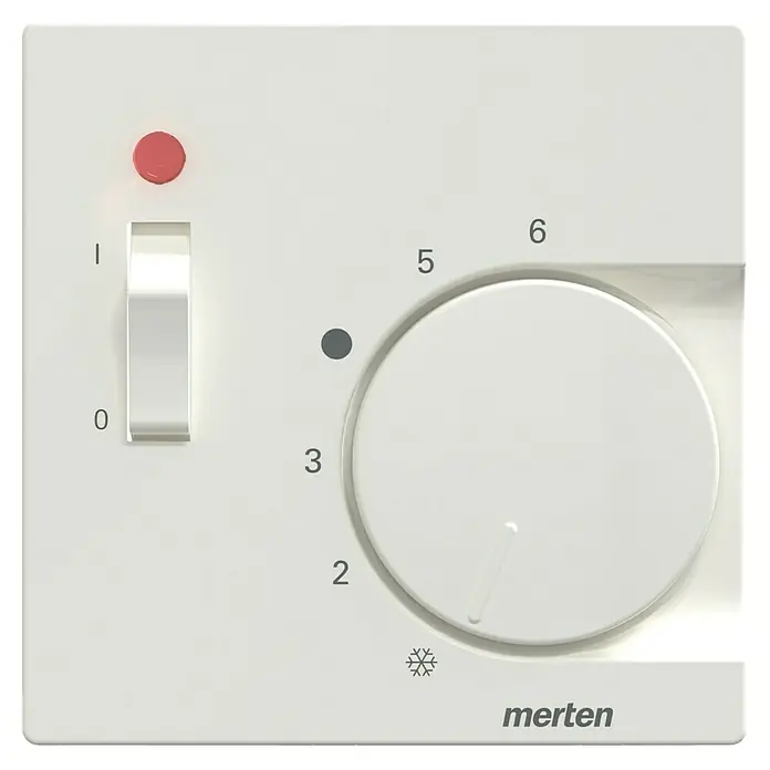 Merten System M Thermostat-Abdeckung 534819 - Polarweiß glänzend, Kunststoff - Nahaufnahme eines Merten Raumtemperaturreglers mit Schieberegler und Drehknopf zur Temperatureinstellung.