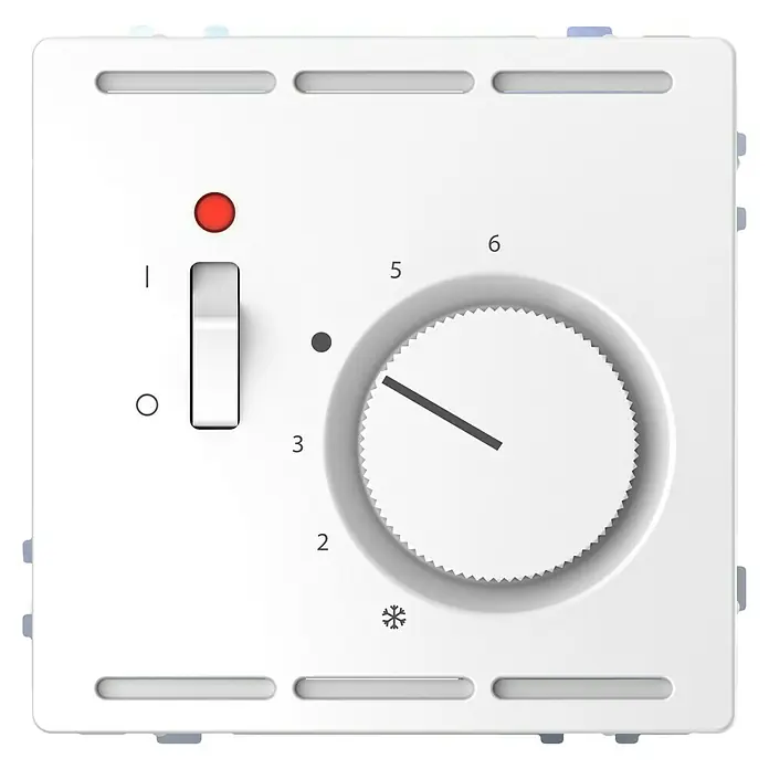Merten System Design Raumthermostat MEG5760-6035 - Lotosweiß glänzend, 230 V, 50 Hz - 60 Hz, Kunststoff - Nahaufnahme eines weißen Heizkörperthermostats mit roter Kontrollleuchte und einstellbarem Drehregler, der die Temperatureinstellung anzeigt.