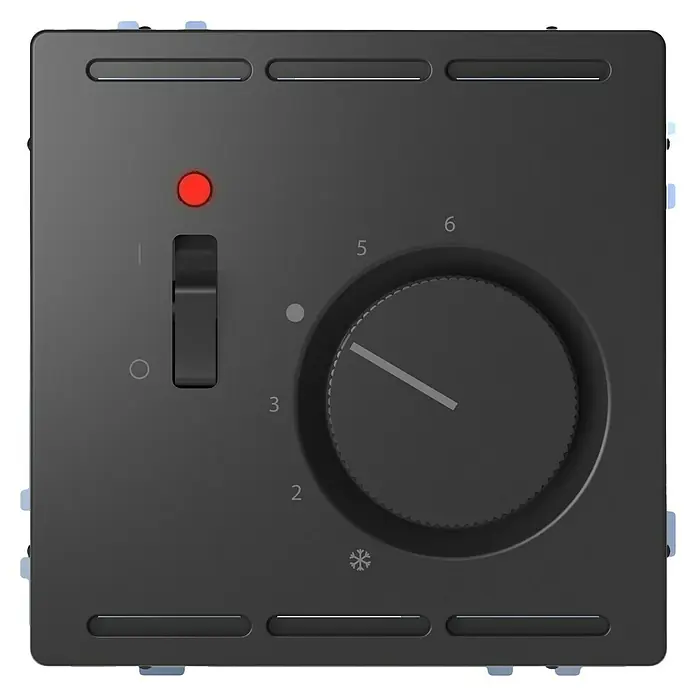 Merten System Design Raumthermostat MEG5760-6034 - Anthrazit glänzend, 230 V, 50 Hz - 60 Hz, Kunststoff - Nahaufnahme eines schwarzen Heizungsreglers mit roter LED-Anzeige und Einstellrad zur Temperaturregelung.