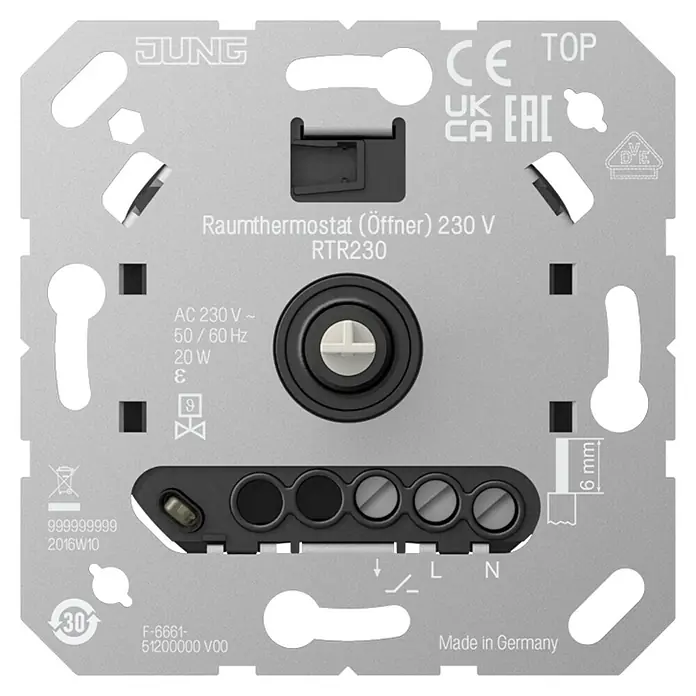 Jung Raumthermostat RTR230 mit Öffner - Silber, Unterputzmontage, 50 Hz - 60 Hz - Detailansicht eines JUNG Raumthermostats RTR230, der die technischen Daten und Anschlüsse des Geräts zeigt.