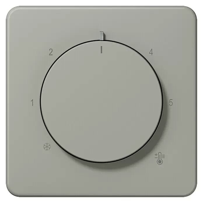 Jung CD 500 Thermostat-Abdeckung CD1749BFPT - Platin glänzend, Kunststoff - Helles graues Quadrat-Thermostat mit zentralem Drehknopf, beschriftet mit 1 bis 5, Heiz- und Kühlsymbolen.