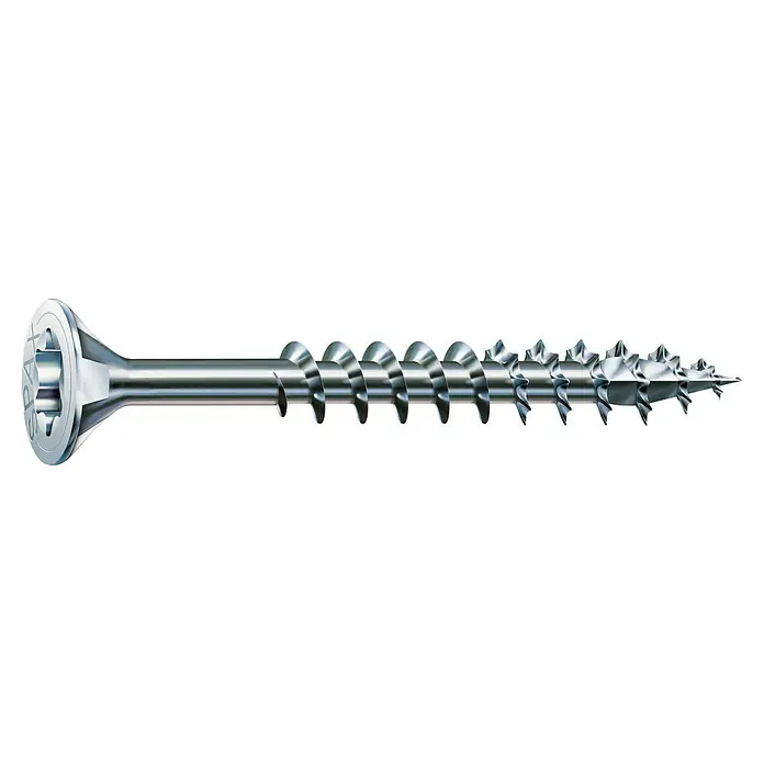 Spax Universalschraube T-Star plusØ x L: 6 x 100 mm, WIROX Oberfläche, T-Star plus, 30 Stk. - Bild einer silberfarbenen SPAX-Holzschraube mit Senkkopf und Teilgewinde, die für Holzverbindungen optimiert ist.