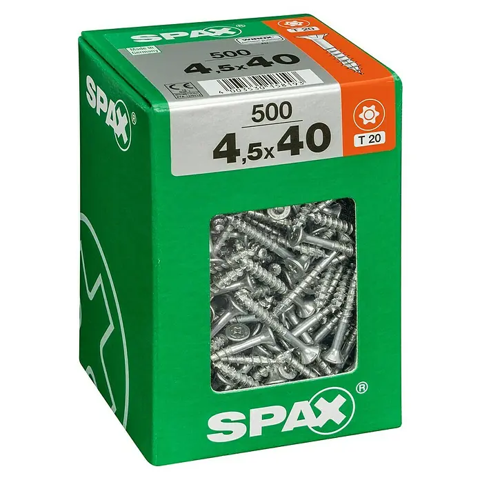 Spax T-Star plus Universalschraube T-Star plus - Ø x L: 4,5 x 40 mm, WIROX Oberfläche, T-Star plus, 500 Stk. - Schachtel Spax Universalschrauben 4,5x40mm T20 mit Senkkopf. Ideal für Holzkonstruktionen im Innen- und Außenbereich, mit Teilgewinde und gleitbeschichteter Oberfläche.
