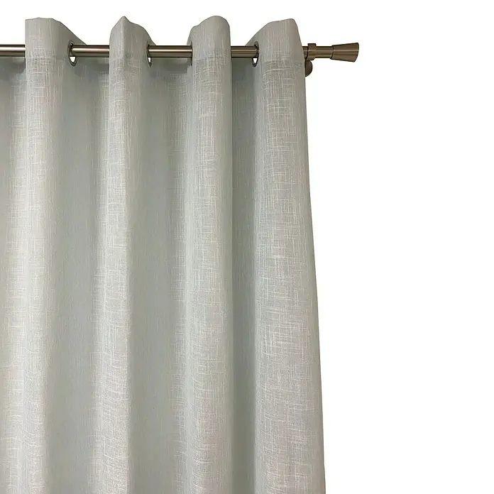 Visillo para ventana Kyos - 200 x 270 cm, 100% poliéster, Azul - Cortinas blancas con ojales metálicos colgadas de una barra de cortina. Las cortinas tienen una ligera textura de lino y caen suavemente.