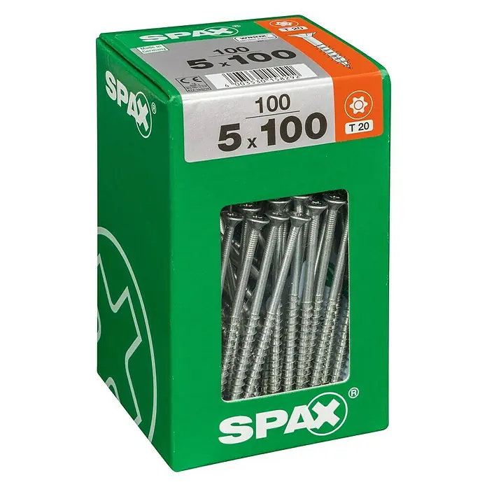 Spax T-Star plus Universalschraube T-Star plus - Ø x L: 5 x 100 mm, WIROX Oberfläche, T-Star plus, 100 Stk. - Eine grüne Spax-Box, gefüllt mit 100 Senkkopfschrauben der Größe 5 x 100 mm, ideal für Holzverbindungen. Die Schrauben haben einen T20 Antrieb.