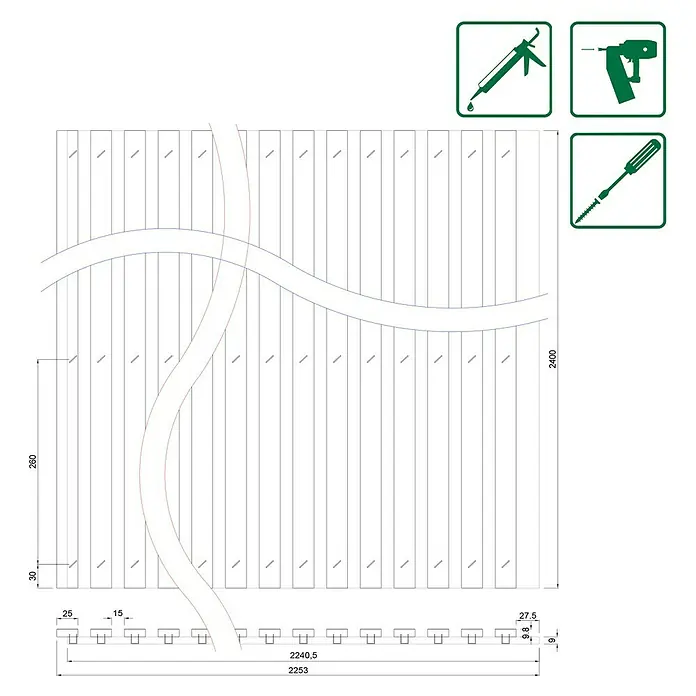 Profiles and more Akustikpaneel Blumen - 2.400 x 2.253 x 19 mm - Eine technische Zeichnung einer Holzkonstruktion mit Maßen und Symbolen für die Montage.