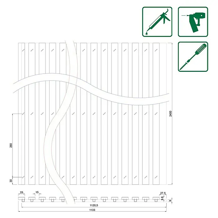 Profiles and more Akustikpaneel Blumen - 2.400 x 1.133 x 19 mm - Technische Zeichnung einer dekorativen Gartenzaun-Paneele mit geschwungenen Elementen und Montageanleitung mit Werkzeugsymbolen.
