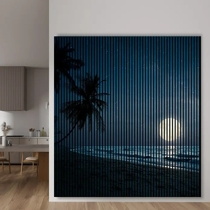 Profiles and more Akustikpaneel Sterne Mond - 2.400 x 2.253 x 19 mm - Elegante Wandkunst: Ein vertikales Lamellenbild mit nächtlicher Strandlandschaft, das jedem Raum eine ruhige und stilvolle Atmosphäre verleiht.