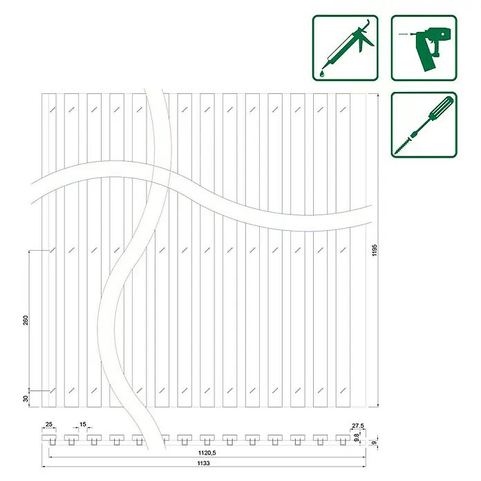 Profiles and more Akustikpaneel Oldtimer - 1.195 x 1.133 x 19 mm - Schemazeichnung einer Holzwand mit detaillierten Maßen und Hinweisen zur Montage mit Werkzeugen wie Kartuschenpistole, Bohrmaschine und Schraubendreher.