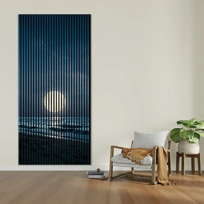 Profiles and more Akustikpaneel Sterne Mond - 2.400 x 1.133 x 19 mm - Einzigartiges Wandpaneel mit einem nächtlichen Strandmotiv und senkrechten Streifen, das jedem Raum eine moderne und künstlerische Note verleiht.