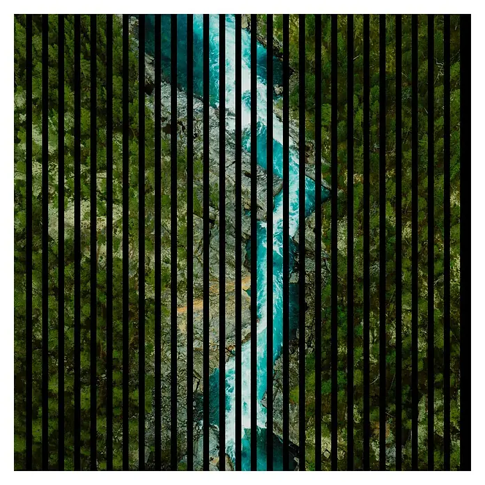 Profiles and more Akustikpaneel Canyon - 1.195 x 1.133 x 19 mm - Luftaufnahme eines Flusses, der sich durch einen grünen Wald schlängelt. Die schwarzen Balken erzeugen einen einzigartigen visuellen Effekt.