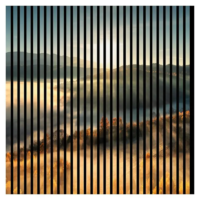 Profiles and more Akustikpaneel Sunrise - 1.195 x 1.133 x 19 mm - Das Bild zeigt eine malerische Landschaft im Nebel, die durch vertikale, schwarze Balken unterbrochen wird und eine abstrakte Wirkung erzeugt.
