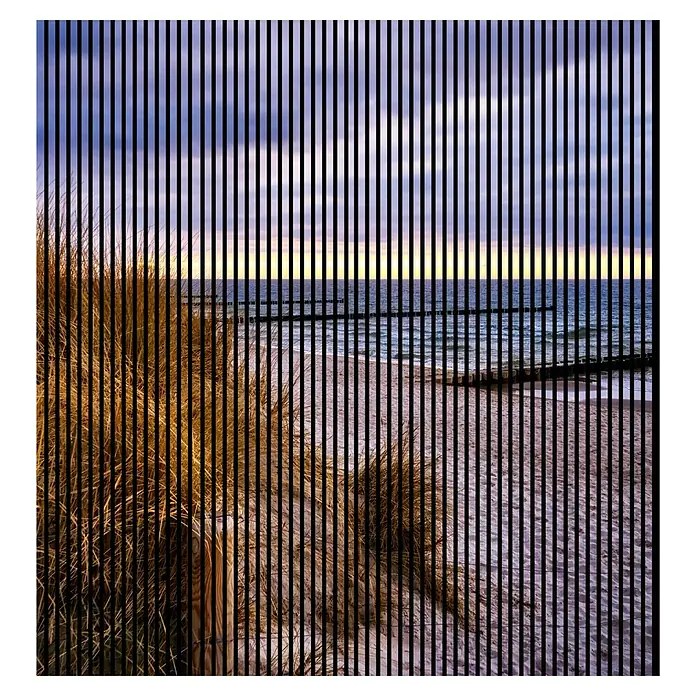 Profiles and more Akustikpaneel Ostsee - 2.400 x 2.253 x 19 mm - Dünenlandschaft am Strand, unterbrochen von vertikalen Linien. Eine stimmungsvolle Szene mit Meerblick und sanftem Licht.