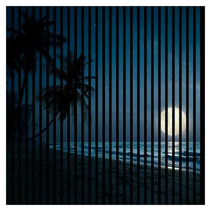 Profiles and more Akustikpaneel Sterne Mond - 1.195 x 1.133 x 19 mm - Mondbeschienener Strand mit Palmen und Sternen, durch vertikale Streifen abstrahiert. Einzigartige Wandkunst für Ihr Zuhause.