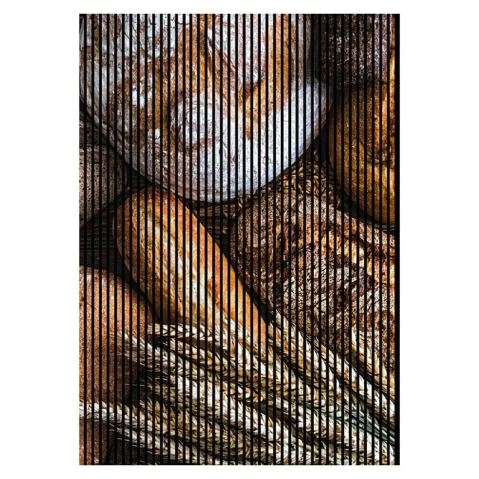 Profiles and more Akustikpaneel Brot - 2.400 x 1.693 x 19 mm - Verschiedene Brotsorten und Weizenähren, kunstvoll durch vertikale schwarze Linien hervorgehoben.