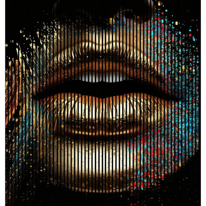 Profiles and more Akustikpaneel Goldene Lippen - 2.400 x 2.253 x 19 mm - Abstraktes Bild goldener Lippen, unterbrochen von vertikalen Streifen, mit bunten Farbspritzern an den Seiten, ein moderner Blickfang.