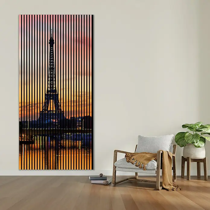 Profiles and more Akustikpaneel Paris - 2.400 x 1.133 x 19 mm - Einzigartige Wandkunst mit dem Eiffelturm, stilvoll durch vertikale Streifen akzentuiert. Schafft eine moderne Atmosphäre in jedem Raum.