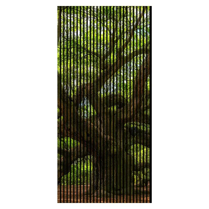 Profiles and more Akustikpaneel Baum - 2.400 x 1.133 x 19 mm - Stimmungsvolles Bild eines alten Baumes, gefiltert durch vertikale Linien, das die Textur und das Alter des Baumes hervorhebt.