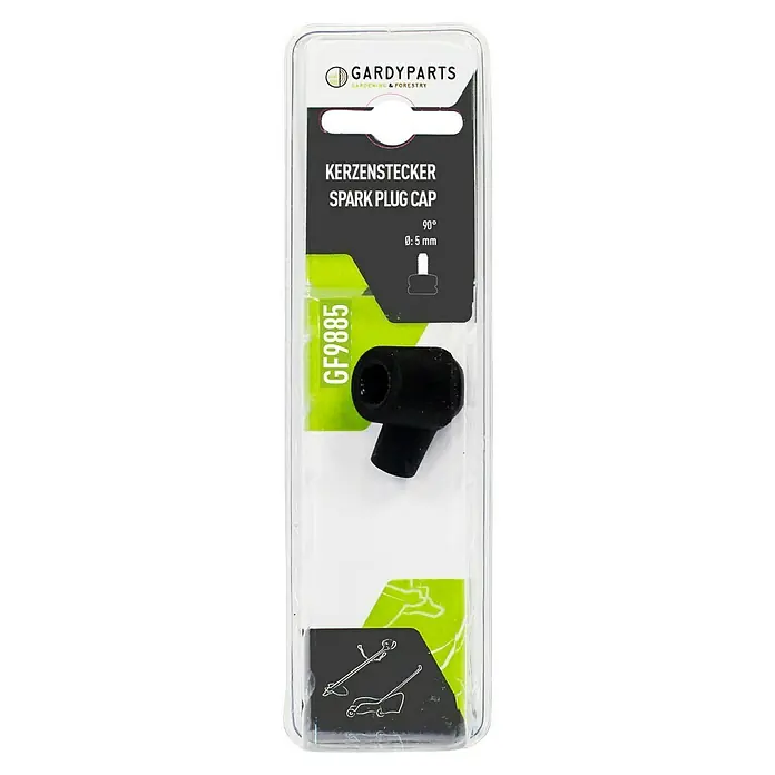 GardyParts Zündkerzenstecker für Rasenmäher GF9885 - Zündkabel mit 5 mm Ø - Ein Gardyparts Zündkerzenstecker (GF9885) für Garten- und Forstgeräte, verpackt in einer transparenten Blisterverpackung.