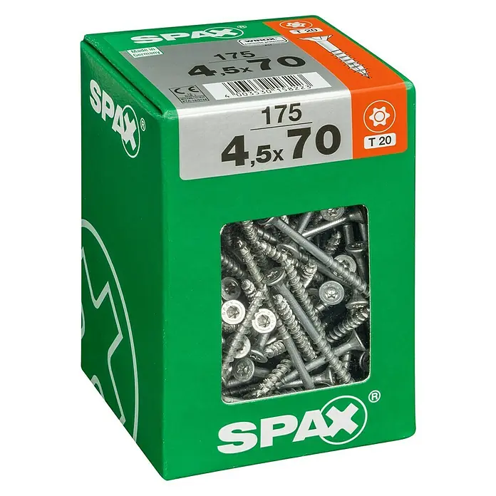 Spax T-Star plus Universalschraube T-Star plus - Ø x L: 4,5 x 70 mm, WIROX Oberfläche, T-Star plus, 175 Stk. - Eine grüne Schachtel mit Spax-Schrauben, Größe 4,5x70, mit 175 Stück, ideal für Holzverbindungen und Heimwerkerprojekte.