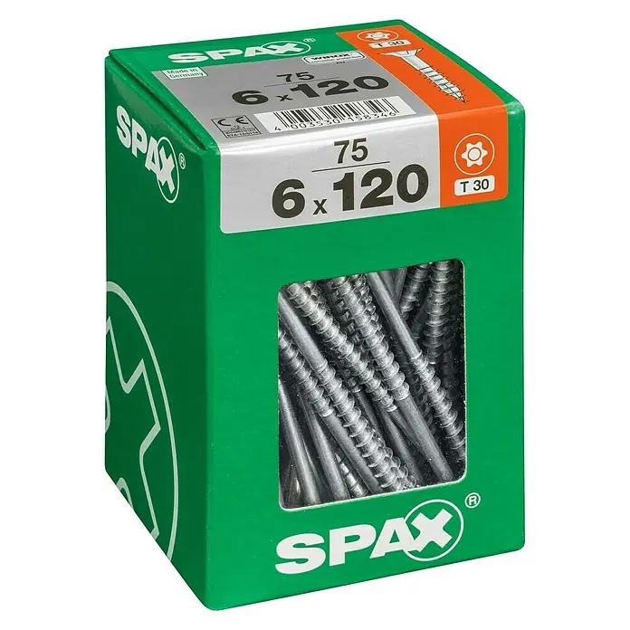 Spax Universalschraube T-Star plusØ x L: 6 x 120 mm, WIROX Oberfläche, T-Star plus, 75 Stk. - Eine grüne Spax-Schrauben-Box mit der Aufschrift "75 6x120", die eine Auswahl an Schrauben der Größe 6 x 120 mm enthält.