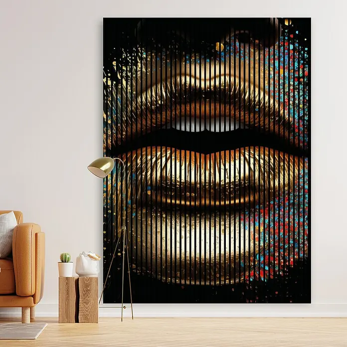 Profiles and more Akustikpaneel Goldene Lippen - 2.400 x 1.693 x 19 mm - Das auffällige Wandbild zeigt abstrakte Lippen in Goldtönen, unterteilt durch vertikale Linien, ein stilvolles Highlight für jeden Raum.