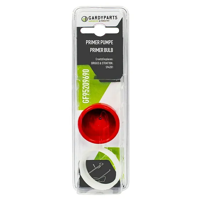 GardyParts Primerkolben - Passend für: BRIGGS & STRATTON: 625E SERIES™, 650E SERIES™, 675EX SERIES™, INTEK™, Rot - Nahaufnahme eines Gardyparts Primer Pumpenkolbens in roter und weißer Farbe, verpackt in einer durchsichtigen Plastikhülle.