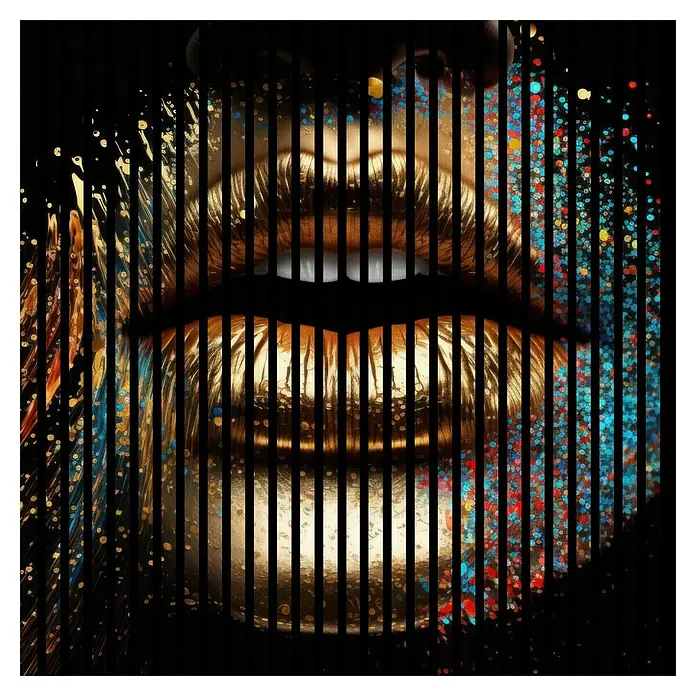 Profiles and more Akustikpaneel Goldene Lippen - 1.195 x 1.133 x 19 mm - Kunstvolles Bild goldener Lippen, durch vertikale Linien strukturiert, mit bunten Farbakzenten, die visuelle Tiefe und Dynamik verleihen.