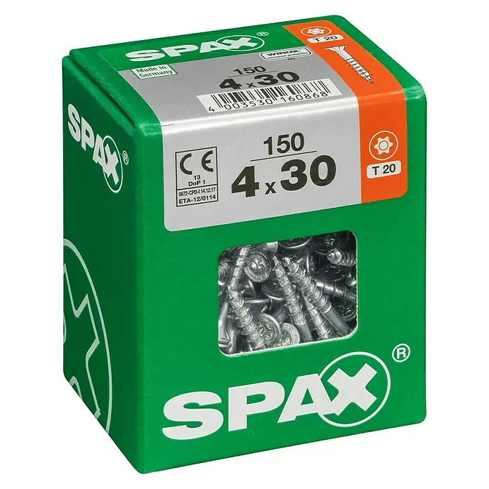 Spax T-Star plus Universalschraube T-Star plus - Ø x L: 4 x 30 mm, WIROX Oberfläche, T-Star plus, 150 Stk. - Schachtel mit 150 Spax Universalschrauben 4x30 mm, ideal für Holzverbindungen und Heimwerkerprojekte.