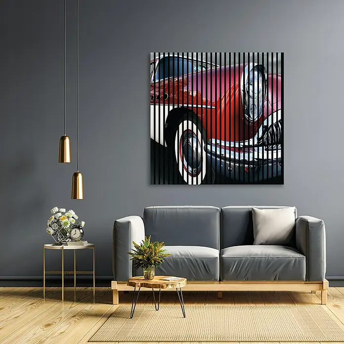 Profiles and more Akustikpaneel Oldtimer - 1.195 x 1.133 x 19 mm - Wandbild mit einem roten Oldtimer im Streifen-Design, das einen Hauch von Vintage-Charme in moderne Wohnräume bringt.